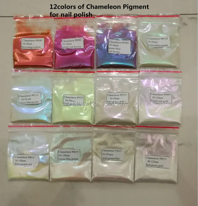 chameleon Pigments , color changing pigments , chameleon pearl powder,12colors*10grams each for cosmetics, auto paints, plastics
chameleon Pigments , color changing pigments , chameleon pearl powder,12colors*10grams each for cosmetics, auto paints, plastics