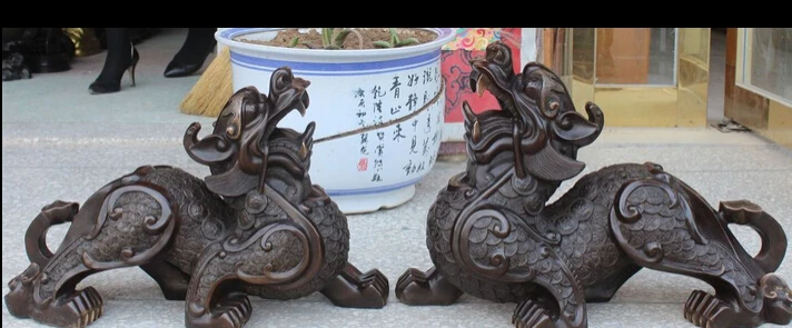 bi002767 21" China Folk Bronze Wealth Coin PiXiu Brave Troops Guardian Beast Statue Pair
