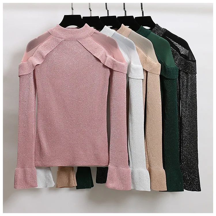 New spring ruffles knit t-shirt Women long sleeve Shirt bling O-neck Glitter mesh t-shirt female sexy shiny top flare sleeve 292
New spring ruffles knit t-shirt Women long sleeve Shirt bling O-neck Glitter mesh t-shirt female sexy shiny top flare sleeve 292