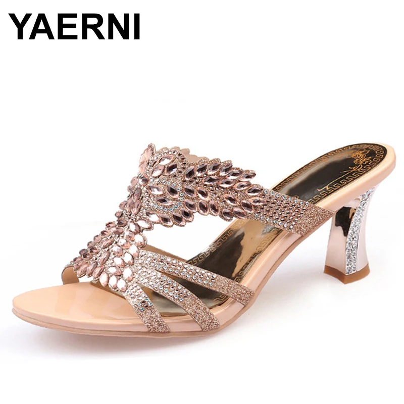 Фото YAERNI New 2019 Summer Party Shoes Fashion Women Sandals Ladies Sexy Crystal High Heels Woman Open Toe Girls SlidesE873 | Обувь