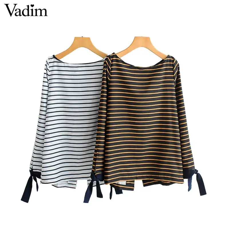 Vadim women sweet striped long sleeve blouse bow tie reversible shirts stylish female casual tops blusas mujer LB168
Vadim women sweet striped long sleeve blouse bow tie reversible shirts stylish female casual tops blusas mujer LB168
