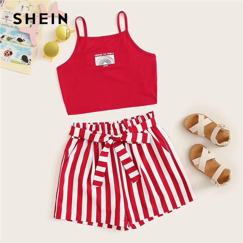 

SHEIN Kiddie Red Graphic Print Crop Cami Top And Paperbag Waist Striped Shorts Boho Set 2019 Summer Holiday Belted Two Piece Set