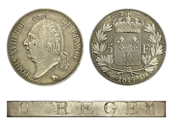 France 5 Francs Louis XVIII ROI DE 1817 D Letter Edge Brass Plated Silver Copy Coins
France 5 Francs Louis XVIII ROI DE 1817 D Letter Edge Brass Plated Silver Copy Coins