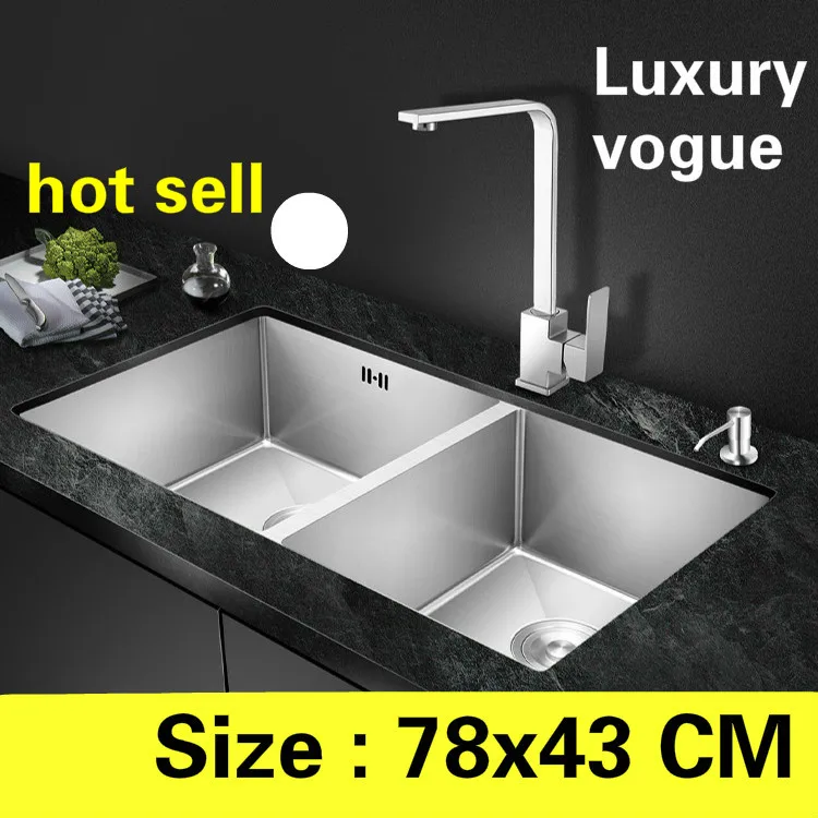 

Free shipping Apartment luxury kitchen manual sink double groove 304 stainless steel high quality hot sell 780x430 MM
