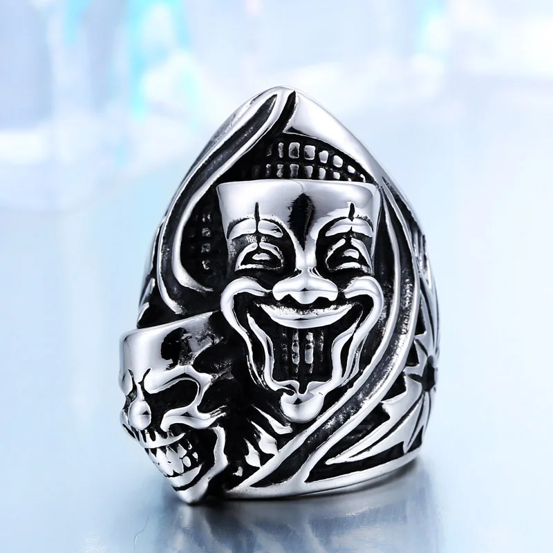 BEIER 316L Stainless Steel New Design Happiness and sadness Clown Skull Ring For Man Biker Jewelry WR-Q023 
BEIER 316L Stainless Steel New Design Happiness and sadness Clown Skull Ring For Man Biker Jewelry WR-Q023