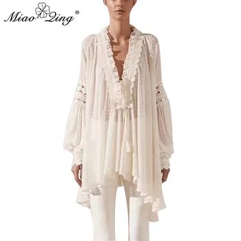 MIAOQING polka dot see-through women's shirt v-neck lantern sleeve bandage hollow irregular long shirt lady summer
MIAOQING polka dot see-through women's shirt v-neck lantern sleeve bandage hollow irregular long shirt lady summer