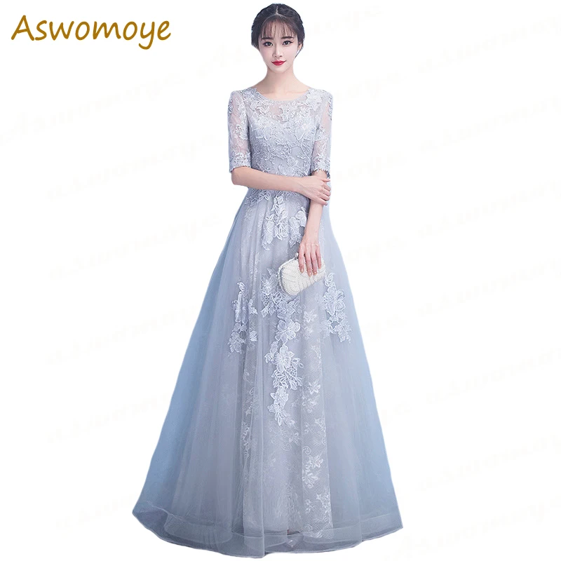 Evening Dress 2019 New Noble Elegant Long Gray Prom Dress Illusion O-neck Half Sleeve A-line Prom Party Dress Appliques Flower
Evening Dress 2019 New Noble Elegant Long Gray Prom Dress Illusion O-neck Half Sleeve A-line Prom Party Dress Appliques Flower