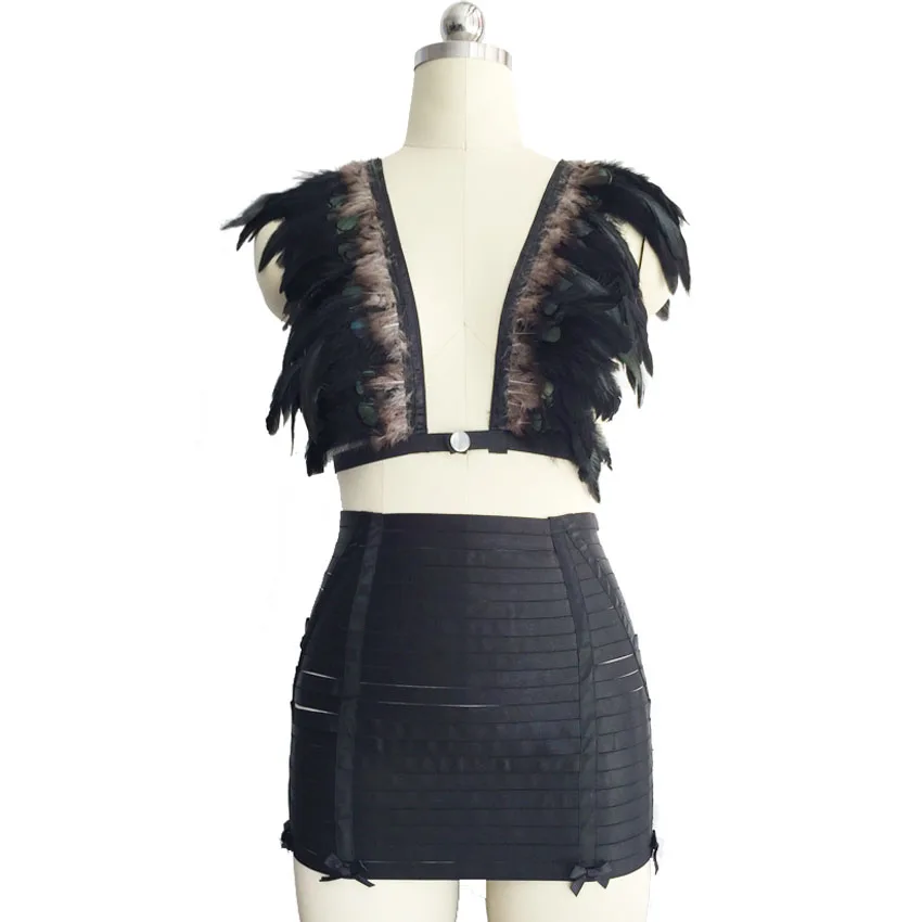 

black wings Elastic black harness feather shrug harness bra skirt epaulets Edgy fashion body harness cage bra shoulder skirt