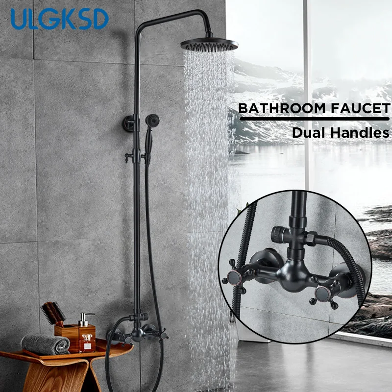 

ULGKSD Bronze Brass Shower Faucets Wall Mount Dual Handle 8 inch Rainfall Bathroom Shower Set Faucet Mixer Water Tap