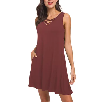 KLV 2019 Summer Womens latest fashion Sleeveless V Neck Lace Up Criss Cross Swing T-Shirt Dresses with Pockets free shipping D4
KLV 2019 Summer Womens latest fashion Sleeveless V Neck Lace Up Criss Cross Swing T-Shirt Dresses with Pockets free shipping D4