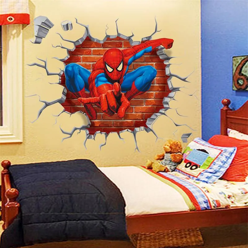 45*50cm hot 3d hole famous cartoon movie spiderman wall stickers for kids rooms boys gifts through wall decals home decor mural