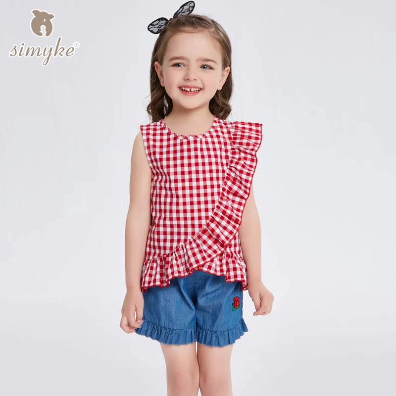 Simyke Girls 2pcs Sets 2018New Girl Plaid Sleeveless Shirt +Jeans Short Children's Summer Set Kids Clothes Child Clothing W0102 
Simyke Girls 2pcs Sets 2018New Girl Plaid Sleeveless Shirt +Jeans Short Children's Summer Set Kids Clothes Child Clothing W0102