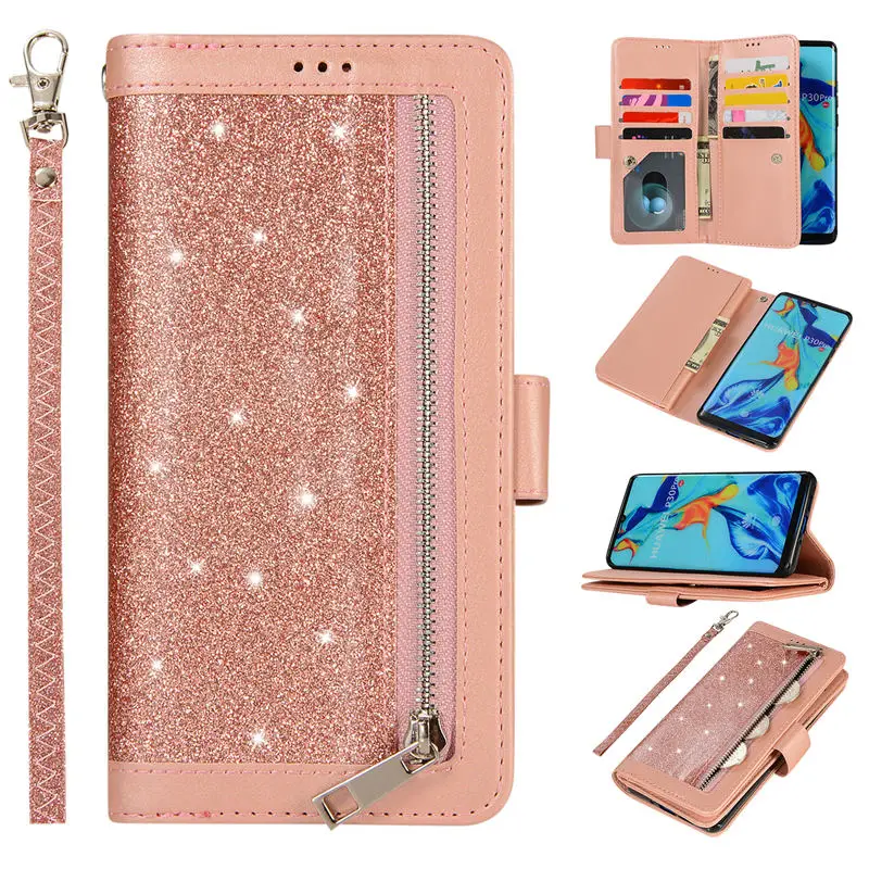 Фото Luxury Zipper Flip Leather Case For Huawei P10 P20 P30 Pro Lite 9 Cards Glitter Wallet Cover MATE 10 20 Phone Cases | Мобильные