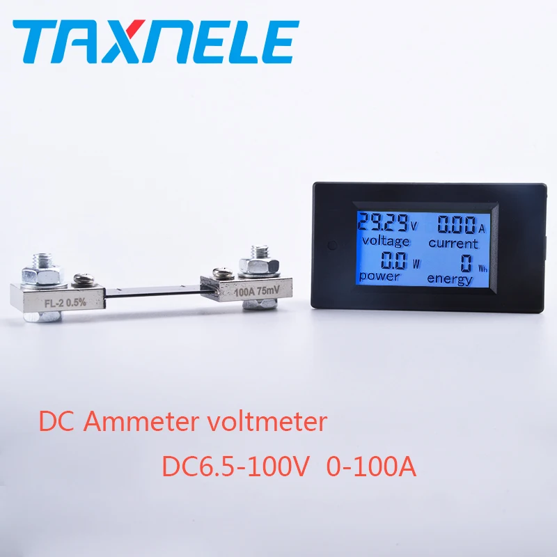 

DC Voltmeter Ammeter Power Energy Digital Voltage Current Meter LCD 4 inch DC 6.5-100V 0-100A with DC 100A/75mV Shunt