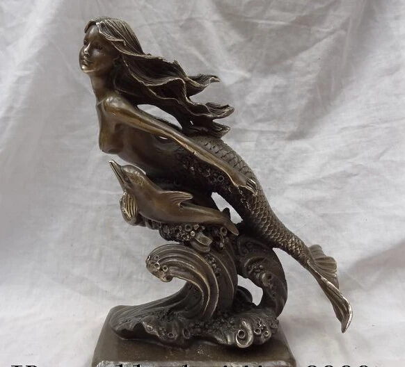 

JP S0114 11" Chinese Bronze Fairy Belle Mermaid Sea-maid Fish Sea-maiden Dolphin Statue Discount 35%