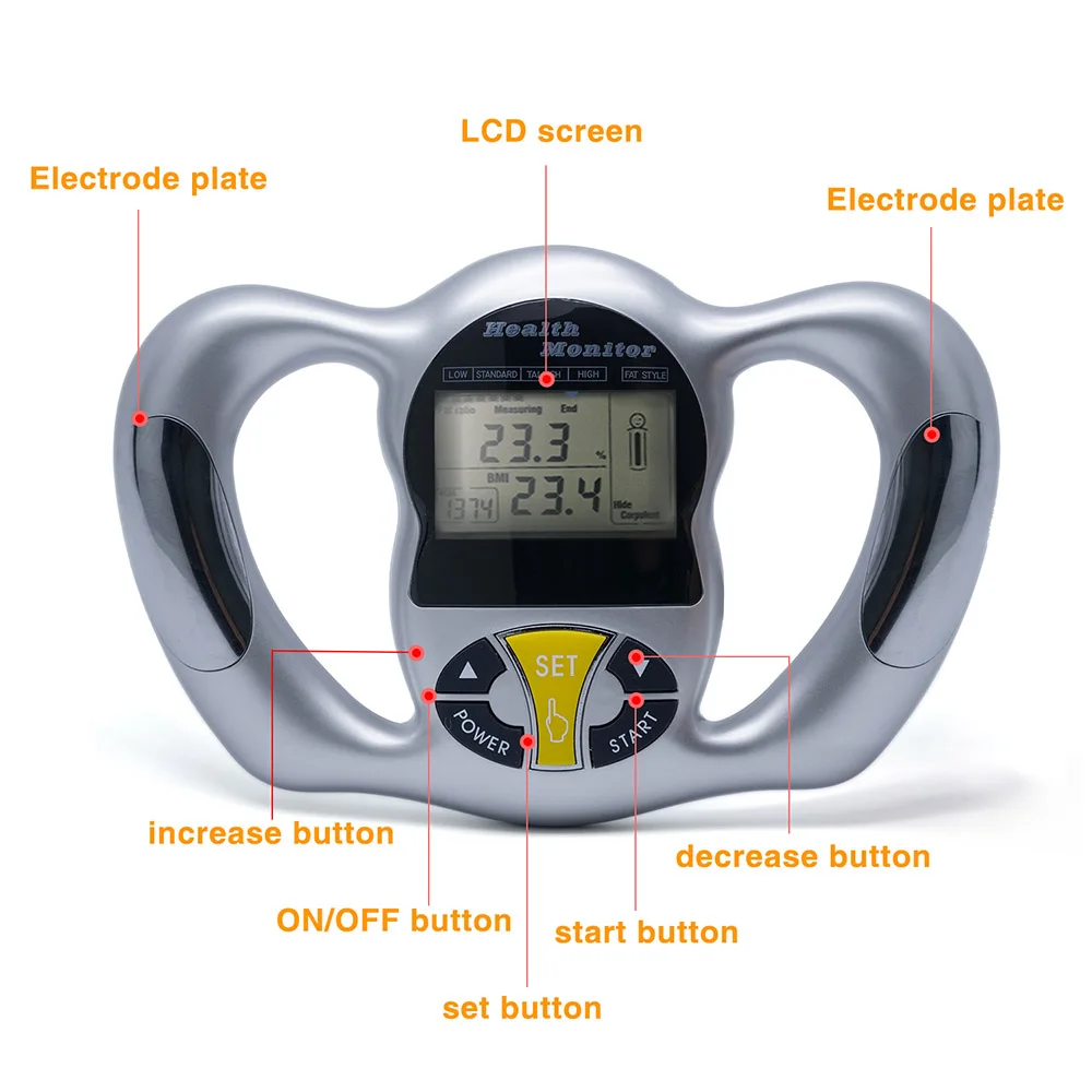 Wireless Portable Digital LCD Screen Handheld BMI Tester Body Fat Monitors Health Care Analyzer Fat Meter Detection
Wireless Portable Digital LCD Screen Handheld BMI Tester Body Fat Monitors Health Care Analyzer Fat Meter Detection