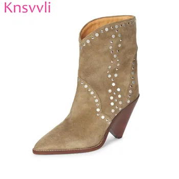 Camel Color Suede Studded Ankle Boots Women Pointy toe Slip on Spike Wedge Heels Short Boots Rivets Motorcycle Shoes Woman
Camel Color Suede Studded Ankle Boots Women Pointy toe Slip on Spike Wedge Heels Short Boots Rivets Motorcycle Shoes Woman