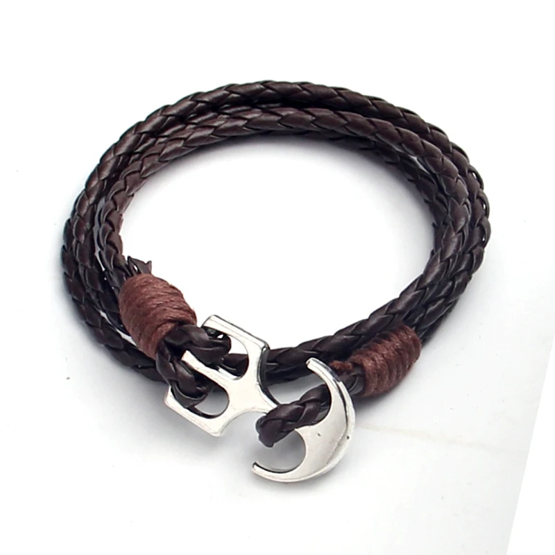 NIUYITID 40cm PU Leather Men Bracelet Jewelry Anchor Bracelet Handmade Silver Color Alloy Braclet For Women Male Accessories (3)
