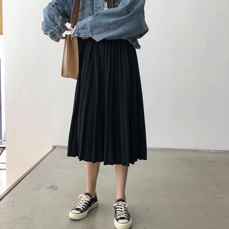 Solid Color High Waist Pleated Women Skirts New Chic Korean Harajuku Casual Wild Loose Long A Word Women Skirts Faldas De Mujer 
Solid Color High Waist Pleated Women Skirts New Chic Korean Harajuku Casual Wild Loose Long A Word Women Skirts Faldas De Mujer