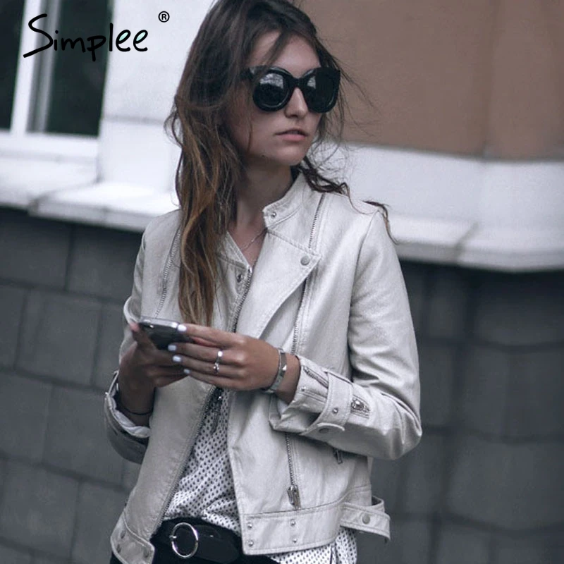 Image Simplee Zipper PU leather coat jacket women Short white moto jacket  zipper 2017 Classic basic winter jacket women outwear coat