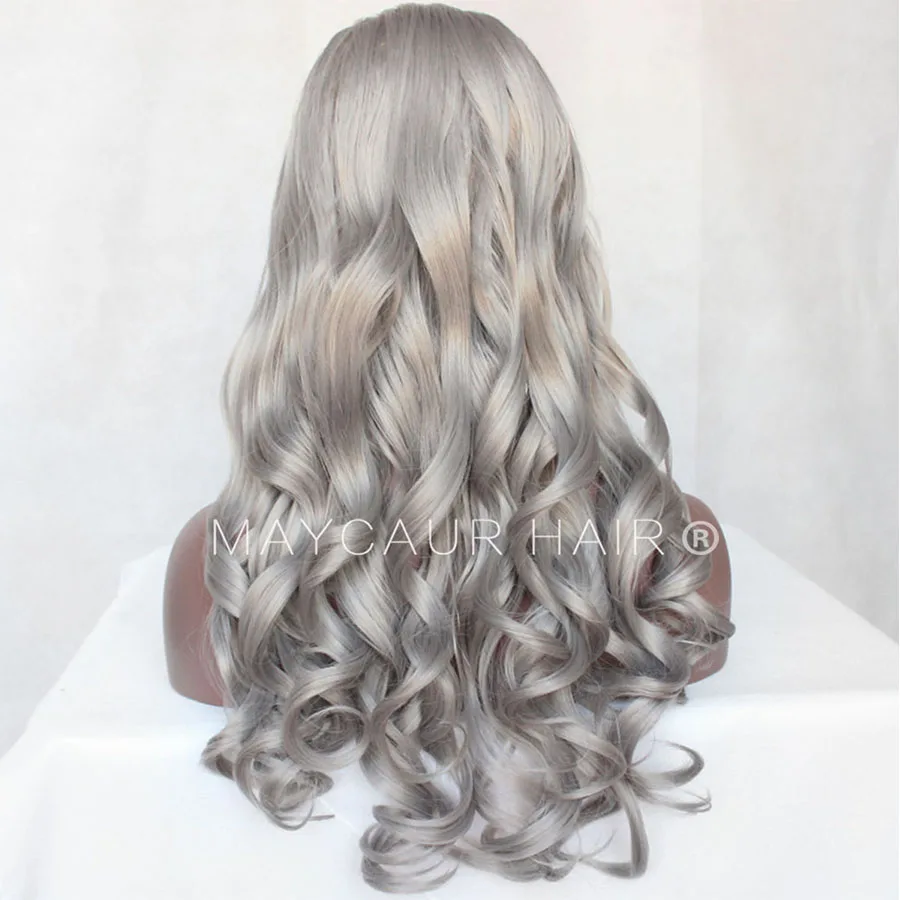 _0004_Maycaur Body Wave Wigs Plain Gray Color 180 Density Long Wave Synthetic Lace Front Wigs For Black Women Grey Hair
