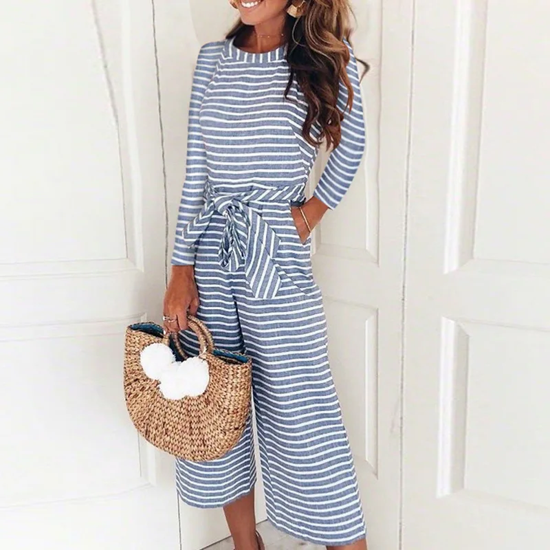 SFIT Women Autumn Striped Jumpsuit Casual Long Sleeve Pocket O Neck Sash Slim Belt Wide Leg Pants Playsuits Overalls Rompers
SFIT Women Autumn Striped Jumpsuit Casual Long Sleeve Pocket O Neck Sash Slim Belt Wide Leg Pants Playsuits Overalls Rompers