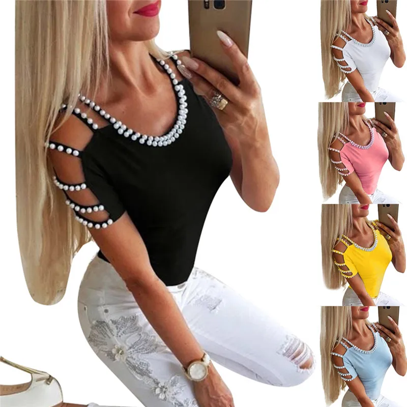 Summer Fashion Women Pearl T-Shirt Round Neck Off-Shoulder Short Sleeve T Shirt Casual Knitted Solid Color Clothing H30
Summer Fashion Women Pearl T-Shirt Round Neck Off-Shoulder Short Sleeve T Shirt Casual Knitted Solid Color Clothing H30