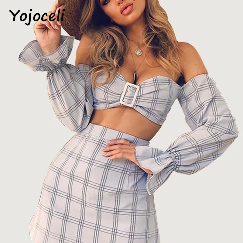 Yojoceli 2018 summer vintage plaid dress women party club two piece set flare sleeve mini short | Женская одежда