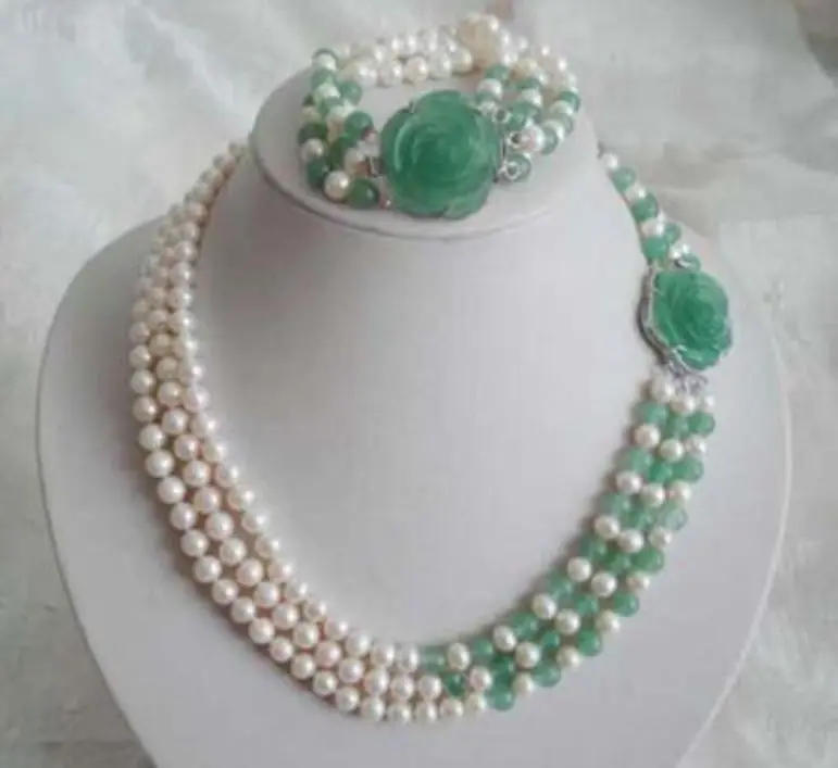 Hot sell Noble- 3 row 6-7mm white pearl &green jade necklace bracelet set (A0516)
Hot sell Noble- 3 row 6-7mm white pearl &green jade necklace bracelet set (A0516)