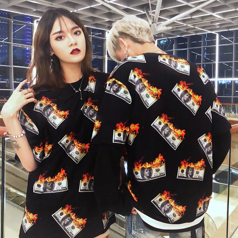 Hip hop fashion street clothing T-shirt 3D burning dollar printing flame money cotton black T-shirt Camisa lovers
Hip hop fashion street clothing T-shirt 3D burning dollar printing flame money cotton black T-shirt Camisa lovers