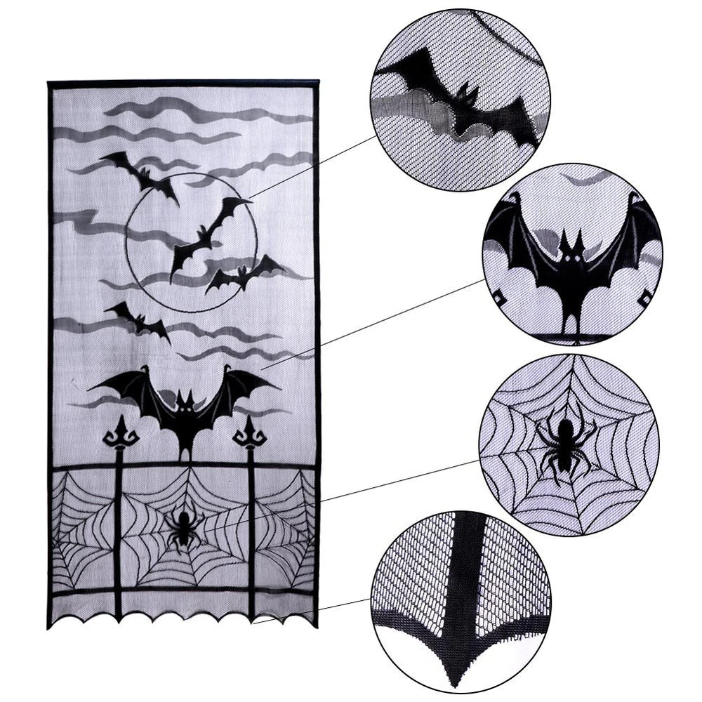 Gothic Lace SKULL BAT CURTAIN VALANCE TOPPER SHAWL Halloween Haunted House Q