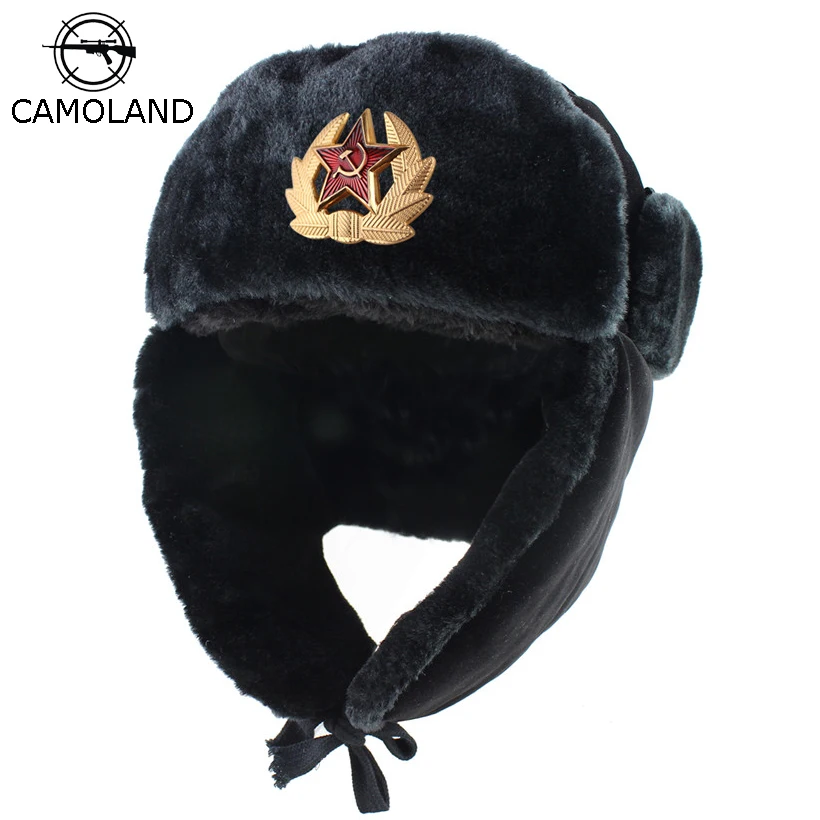 RUSSIAN MILITARY WINTER USHANKA HAT WITH SOVIET BADGE!!!