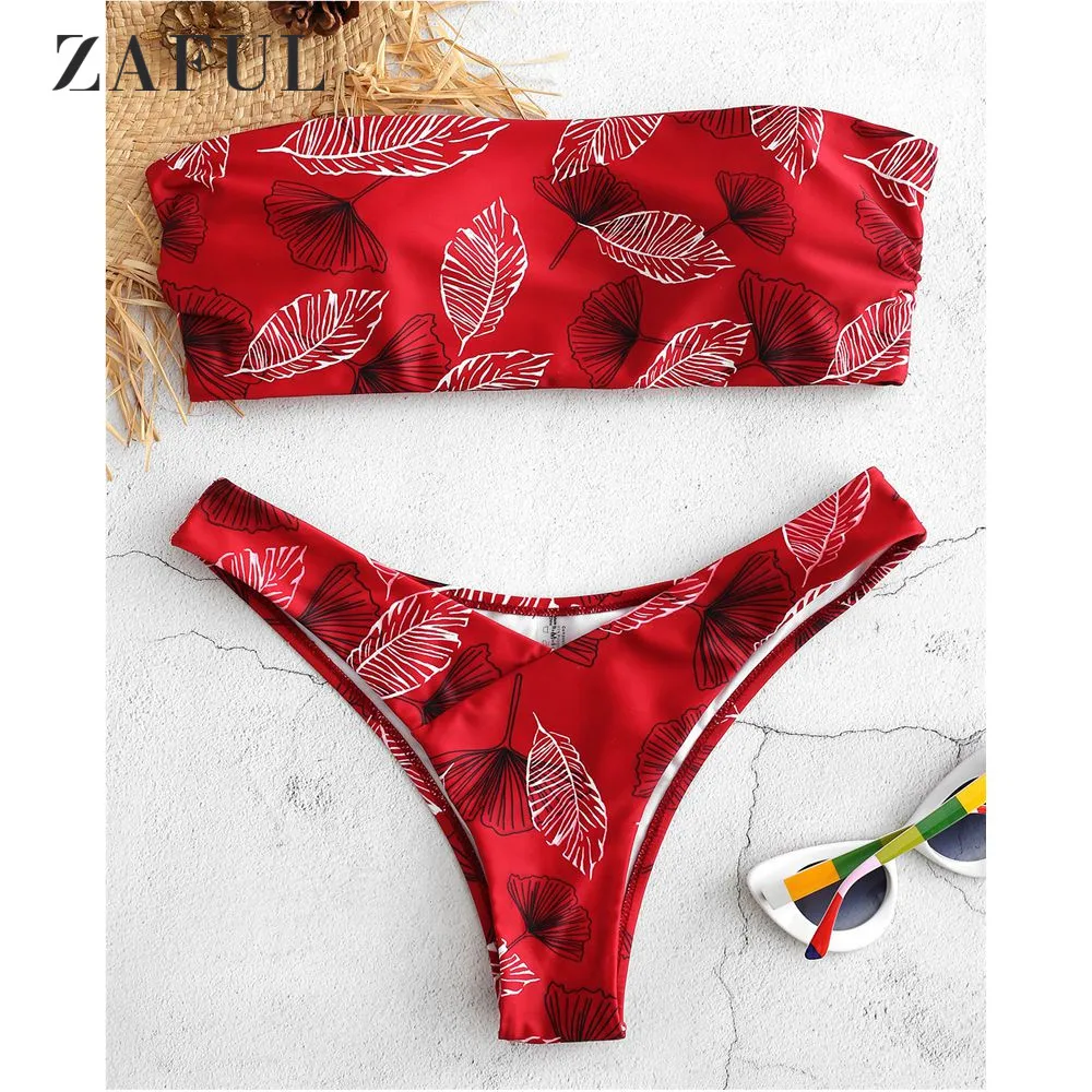 

ZAFUl Side Boning Leaf Bandeau Thong Bikini Set Swimwear Women High Cut Swimsuit Strapless Padded Swimwear Bathing Suit Biquni