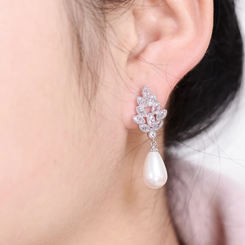 

925 Silver Stunning AAA Grade CZ Leaf Wedding Drop Pearls earrings pin luxury dangle cubic zircon bridal earring Bridesmaids