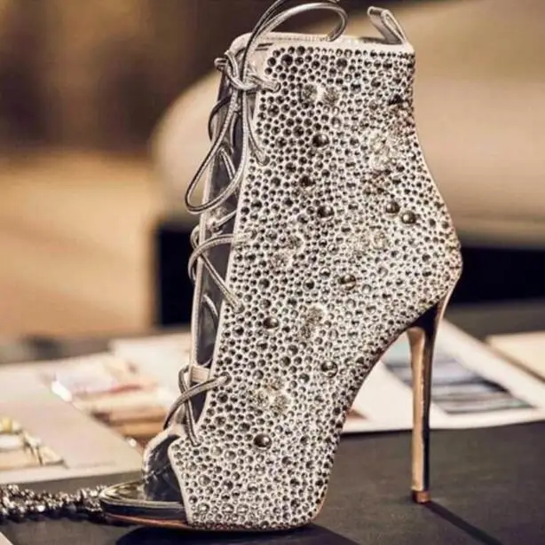 Gold Champagne Crystal Embellished Ankle Boots Peep Toe Lace-up Gladiator Sandal Boots For Women Thin Heels Dress Shoes Big Size
Gold Champagne Crystal Embellished Ankle Boots Peep Toe Lace-up Gladiator Sandal Boots For Women Thin Heels Dress Shoes Big Size