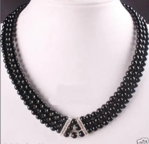 Natural 6MM Black Onyx Agate 3 Row Beads necklace AAA (A0325)