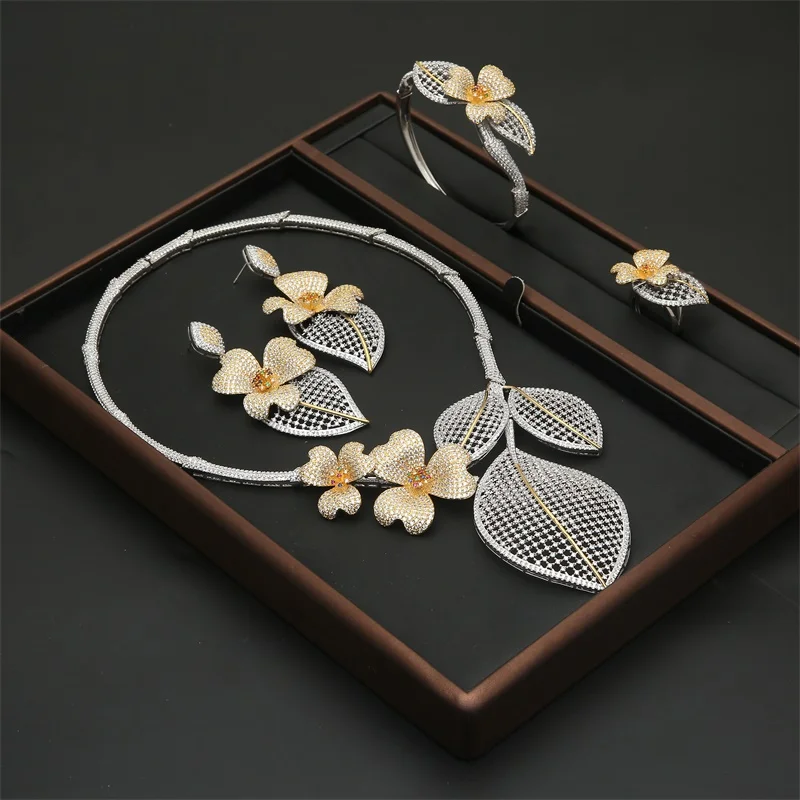 Flower+Leaf Cubic Zirconia African Indian Necklace Earring Rings Set Dubai Nigerian Wedding jewelry sets For Women Bride Gifts
Flower+Leaf Cubic Zirconia African Indian Necklace Earring Rings Set Dubai Nigerian Wedding jewelry sets For Women Bride Gifts