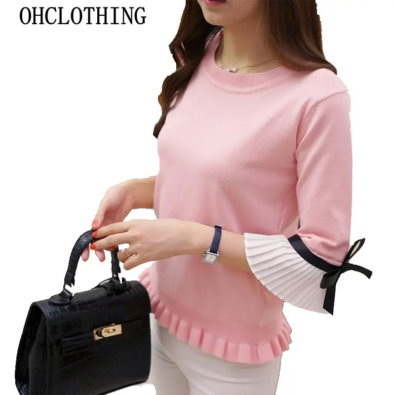 OHCLOTHING2017 NEW Fashion spring autumn women sweater Chiffon Flare Sleeve bow Pullover Slim sweaters women High Quality Tops
OHCLOTHING2017 NEW Fashion spring autumn women sweater Chiffon Flare Sleeve bow Pullover Slim sweaters women High Quality Tops