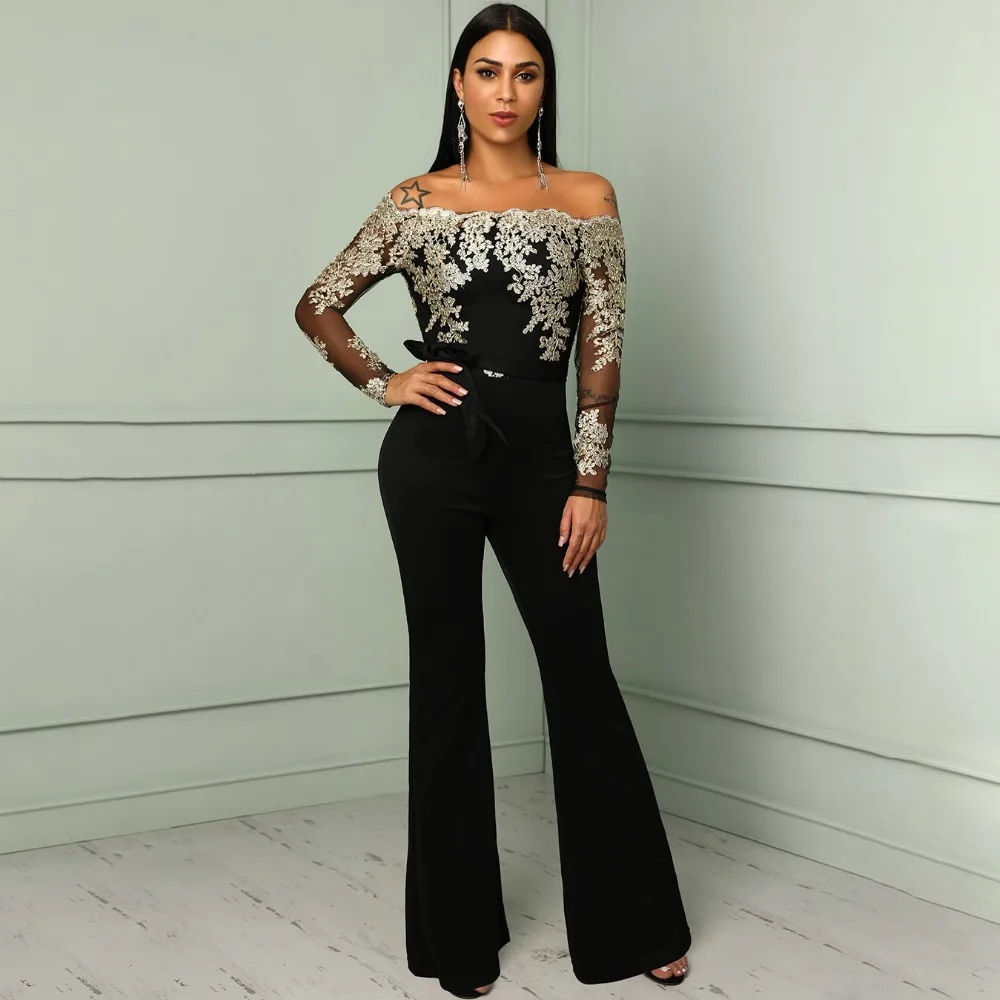 Women Fashion Elegant Sexy Patchwork Party Belted Mesh Splicing Romper Flower Embroidery Off Shoulder Wide Leg Jumpsuit
Women Fashion Elegant Sexy Patchwork Party Belted Mesh Splicing Romper Flower Embroidery Off Shoulder Wide Leg Jumpsuit