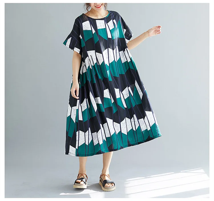 Geometry Irregular Print Cotton Linen Casual Summer Dress 2019 O-neck Short Sleeve Women Midi Dress Vestidos (6)