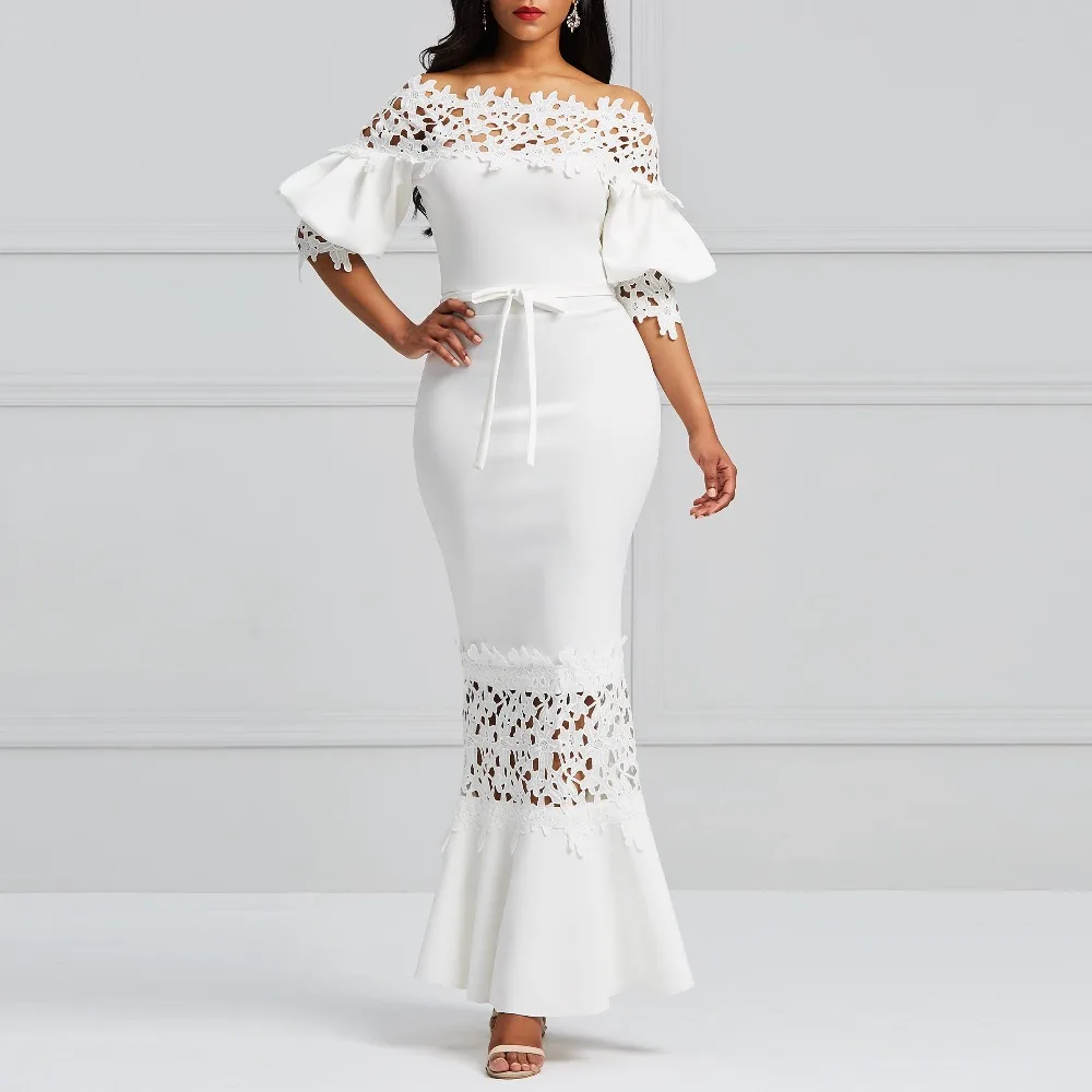 Clocolor Элегантное Длинное платье женское белое кружевное с вырезом лодочкой