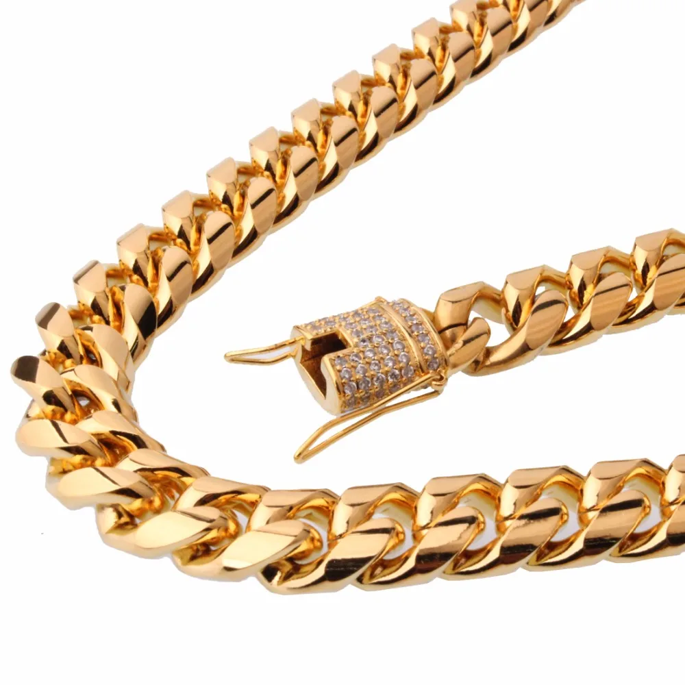 

15mm Wide 8-40inch Length Men's Biker Gold Color Stainless Steel Miami Curb Cuban Link Chain Necklace Or Bracelet Jewelry