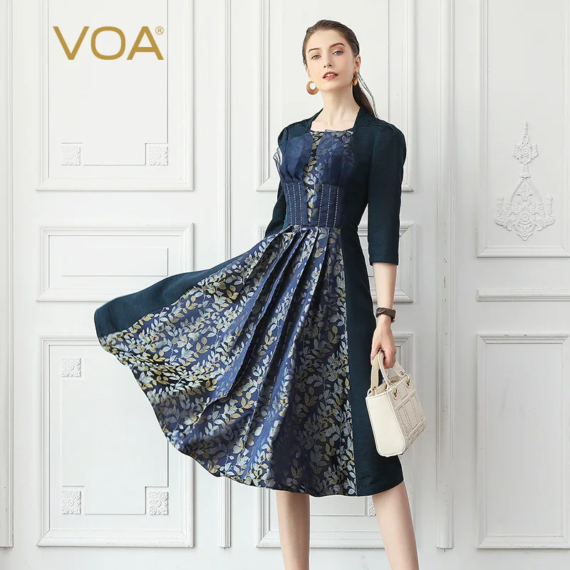 VOA Silk Jacquard Party Dresses Women Autumn Vintage Elegant High Waist Navy Blue Tunic Slim Ladies Midi Dress A10027
VOA Silk Jacquard Party Dresses Women Autumn Vintage Elegant High Waist Navy Blue Tunic Slim Ladies Midi Dress A10027