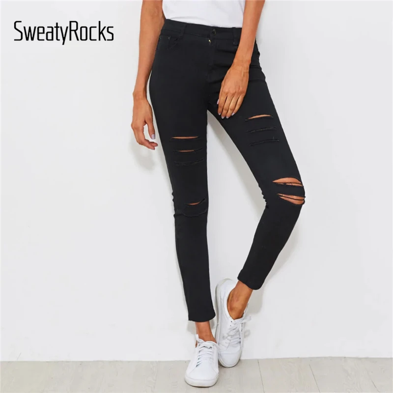 

SweatyRocks Distressed Skinny Black Jeans Streetwear Solid Button Fly Stretchy Denim Pants 2019 Spring Women Long Ripped Jeans