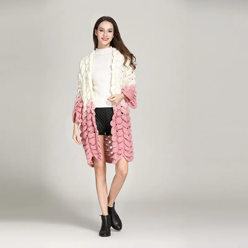Autumn 2018 Fashion Gradient Long Cardigan Jacket Hollow Knit Ladies Twist Big Sweater Computer Jumper Coats |