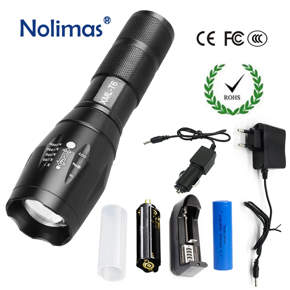 

Rechargeable LED Flashlight 18650 Battery 3800LM Torch Powerful 4 Modes Zoomable Tactical XML T6 Outdoor Camping Lanterna