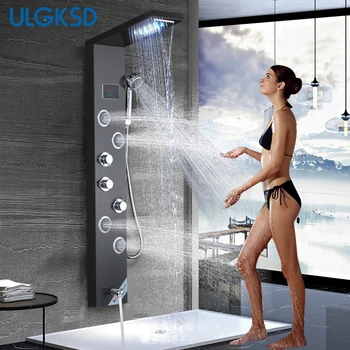 

ULGKSD LED Waterfall Rain Shower Panel Bathroom Shower faucet Massage Jets Tub Shower Column Mixer Tap Para Home & Bar
