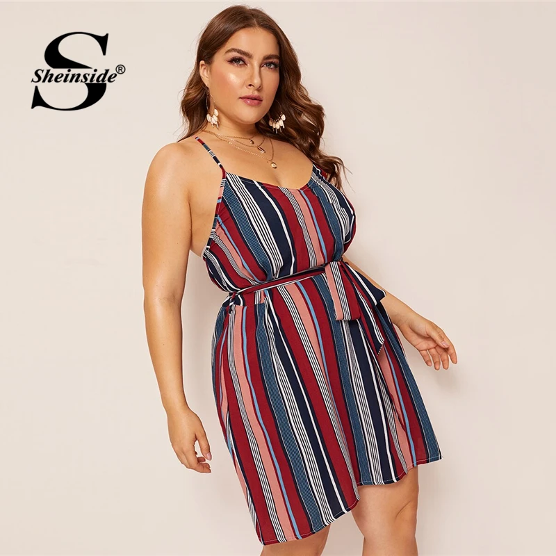 

Sheinside Plus Size Stripe Print Cami Dress Women 2019 Summer Sleeveless High Waist Belted Dresses Ladies Back Criss-cross Dress