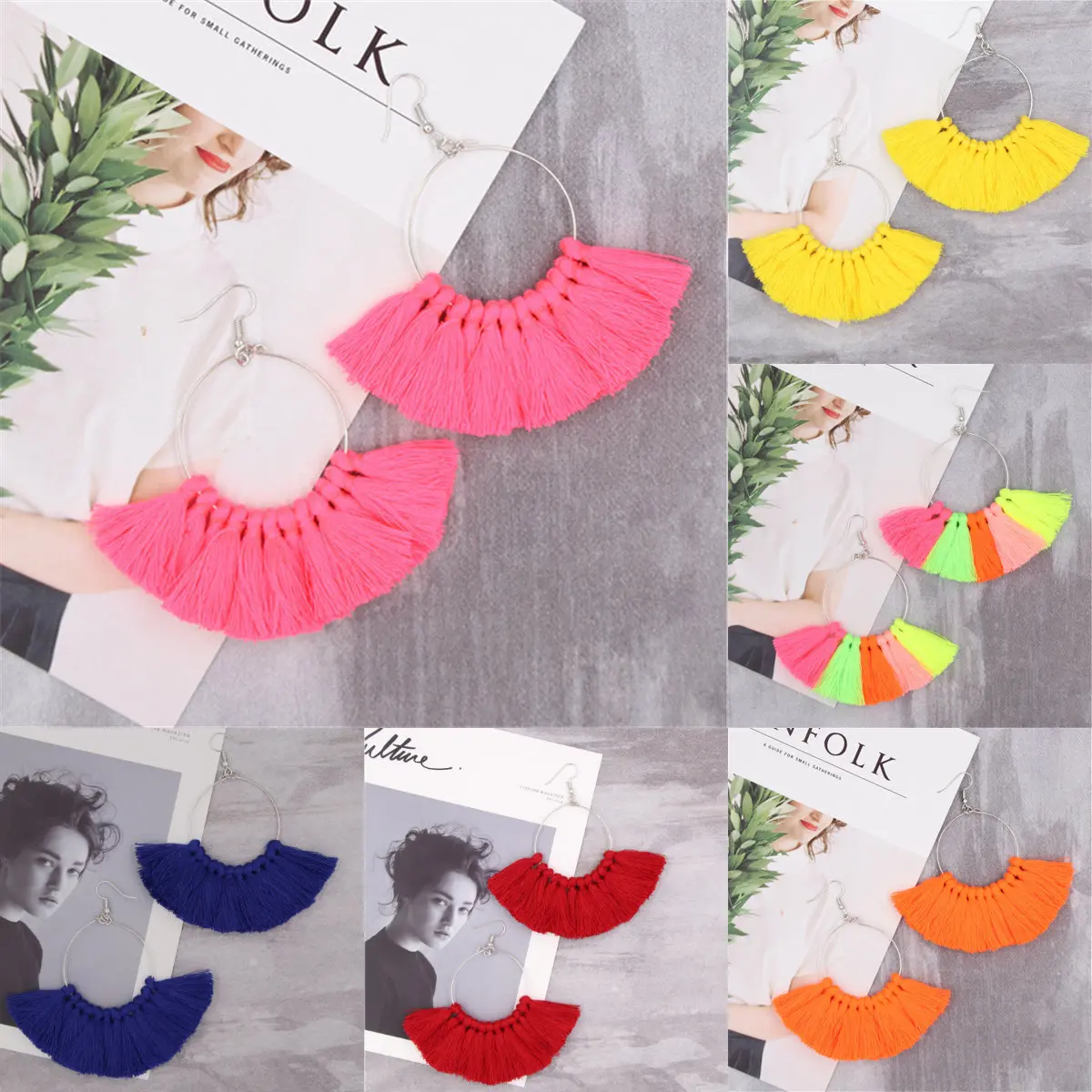 

1pair 2019 Summer Colorful Neon Tiered Tassel Earrings Big Fan Shaped Drop Earrings For Women Jewelry Dropshipping