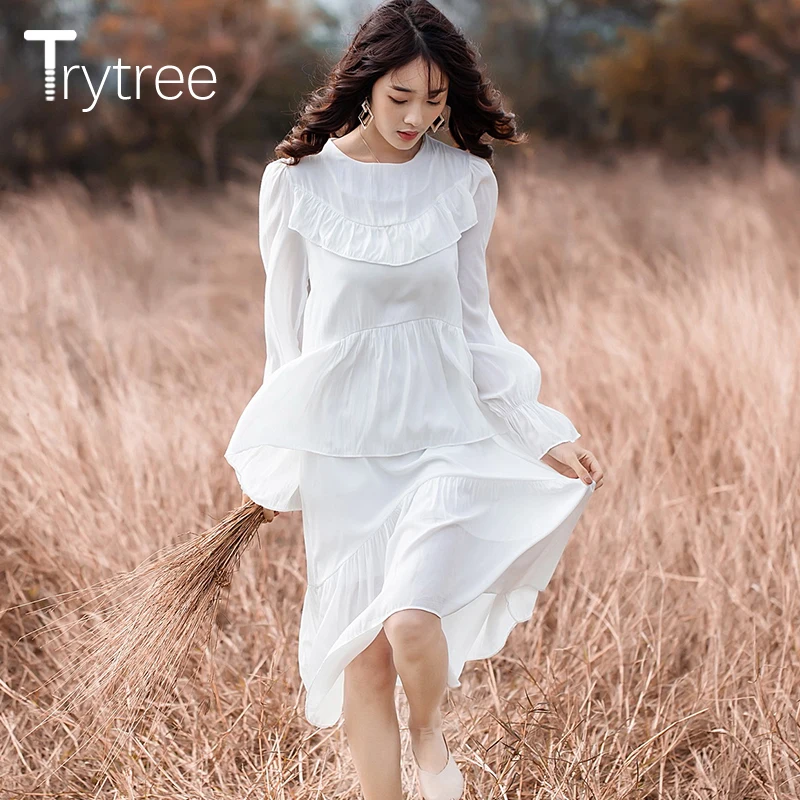 Trytree Autumn Elegant Multi-layer Ruffles Silky women Dress Black White O-Neck Flare Sleeve dresses Loose Solid Casual Dress
Trytree Autumn Elegant Multi-layer Ruffles Silky women Dress Black White O-Neck Flare Sleeve dresses Loose Solid Casual Dress